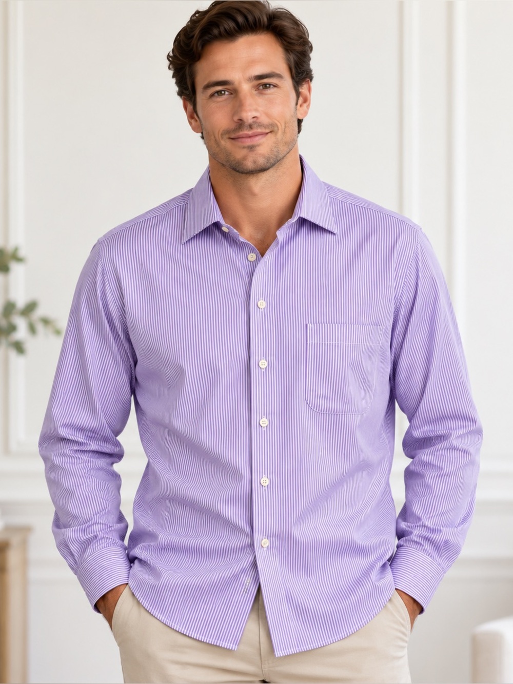 Peter Millar Lavender Stripe Men’s Dress Shirt 16.5 Regular Nanoluxe Easycare